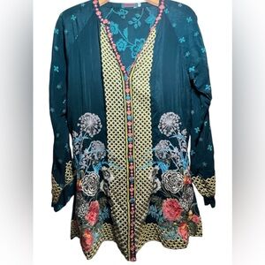 JOHNNY WAS BUTTERFLIES TUNIC BLOUSE SIZE XS EMBROIDERED